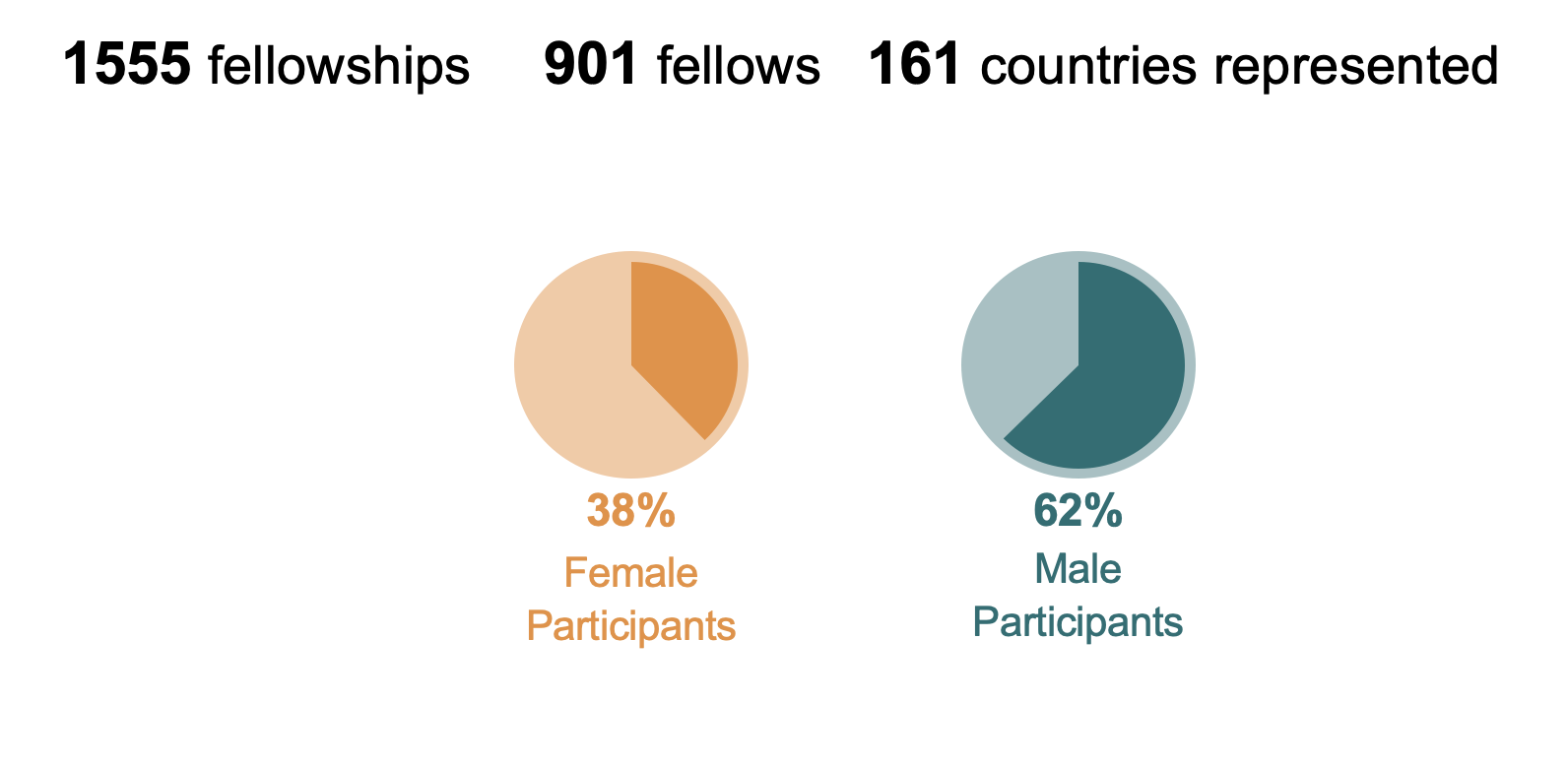 Number of Fellowship Program Participants: 1,555; Number of individuals received fellowship: 901; Number of countries represented: 161; 38% Female Fellowship Participants, 62% Male Fellowship Participants