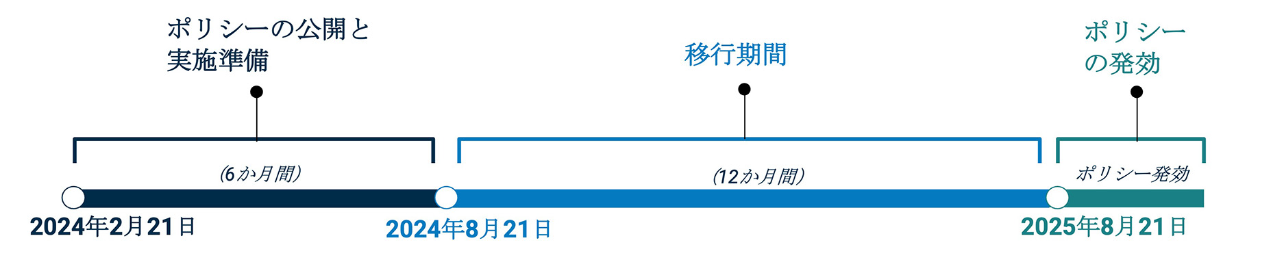 この図は、登録データポリシーの実施スケジュールを視覚的に表したものです。タイムラインは2024年2月21日から開始されており、ポリシーの公開と実施の準備段階から始まります。この第1段階は6か月間続きます。次の実施段階は移行期間であり、2024年8月21日から12か月間続きます。最終段階は2025年8月21日に始まり、この日付が登録データポリシーの発効日となります。
