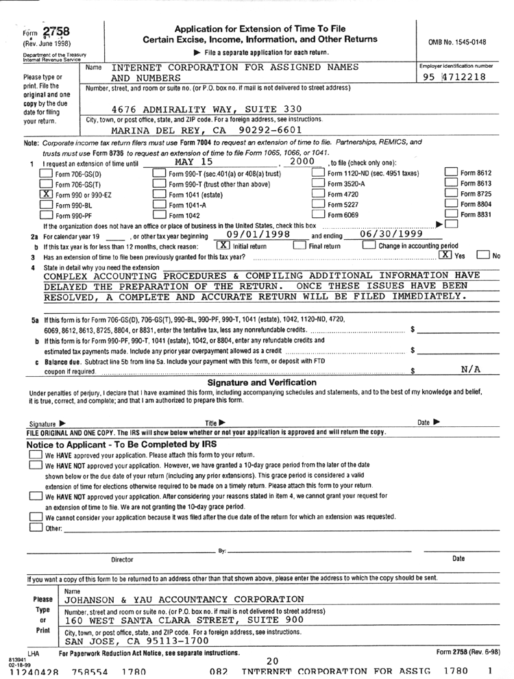 Return of Organization Exempt from Income Tax (U.S. 1998) (Form 2758)