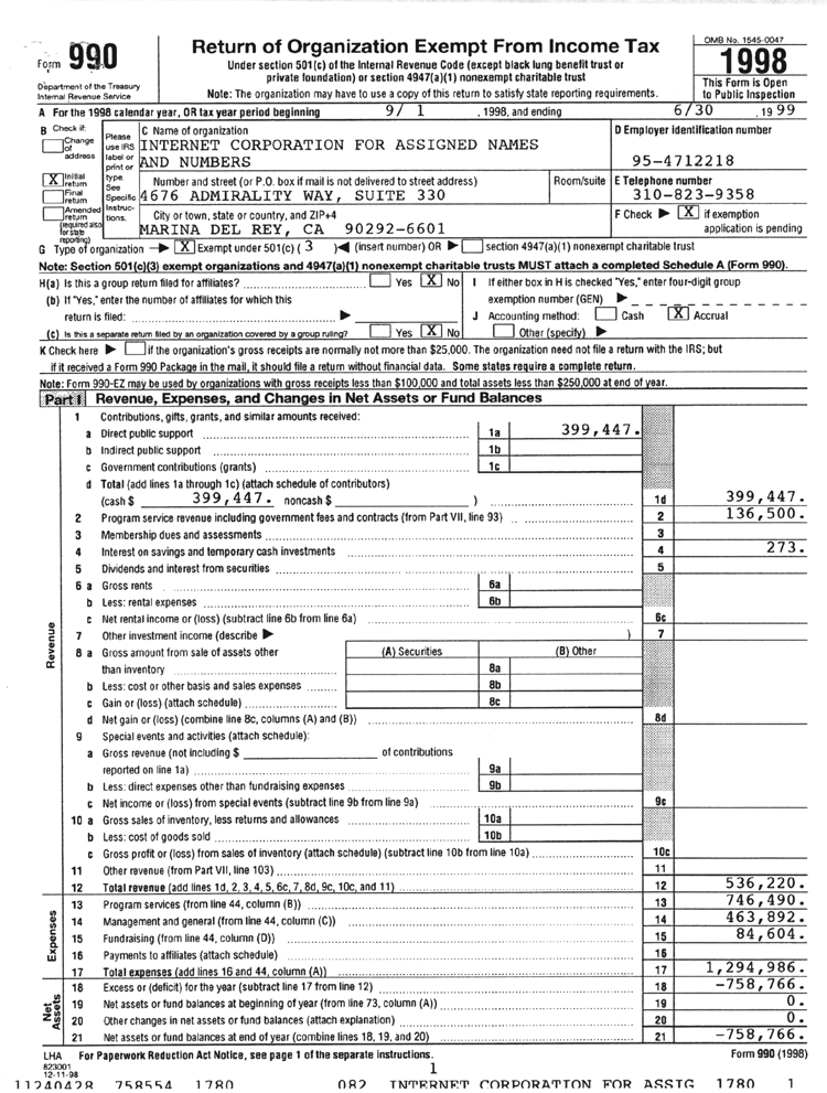 Return of Organization Exempt from Income Tax (U.S. 1998) (Form 990 Page 1)