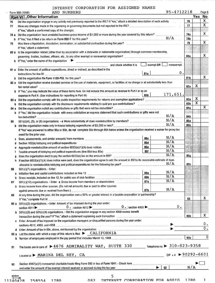 Return of Organization Exempt from Income Tax (U.S. 1998) (Form 990 Page 5)